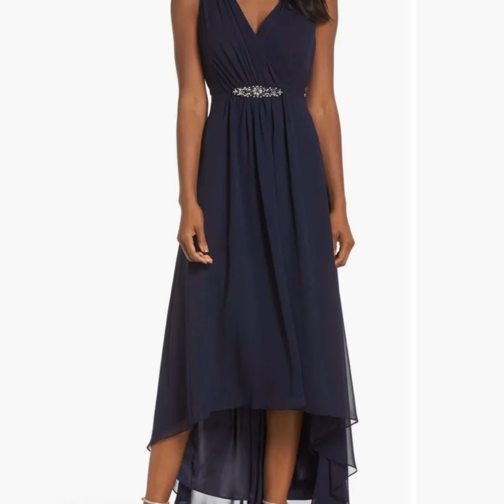 NWT Eliza J High/Low navy blue, embellished chiffon gown.